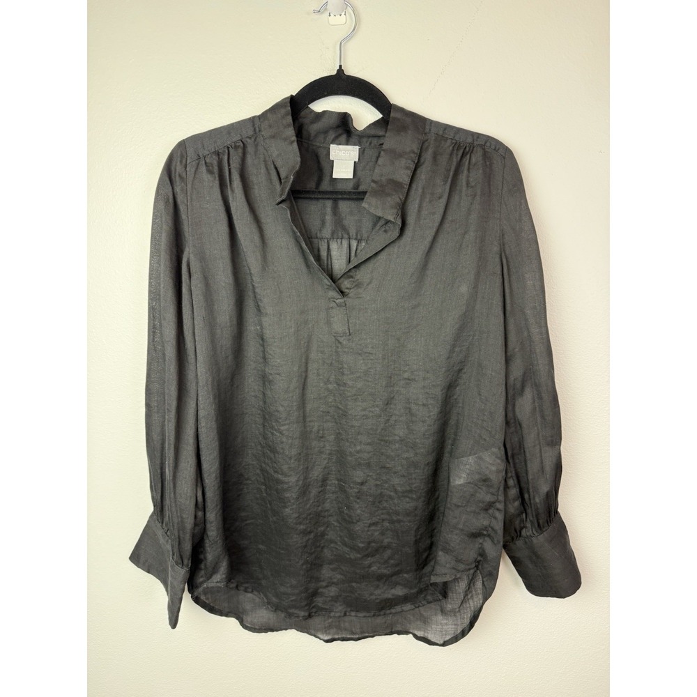 Chico's Women's Black Linen‎ Blend Long Sleeve Tunic Top Blouse Size 1 (8/10)